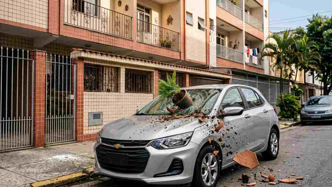Vaso de plantas cai da varanda do vizinho e destrói o para-brisa de um carro de R$ 90 mil estacionado embaixo, e dono cobra o prejuízo do vizinho