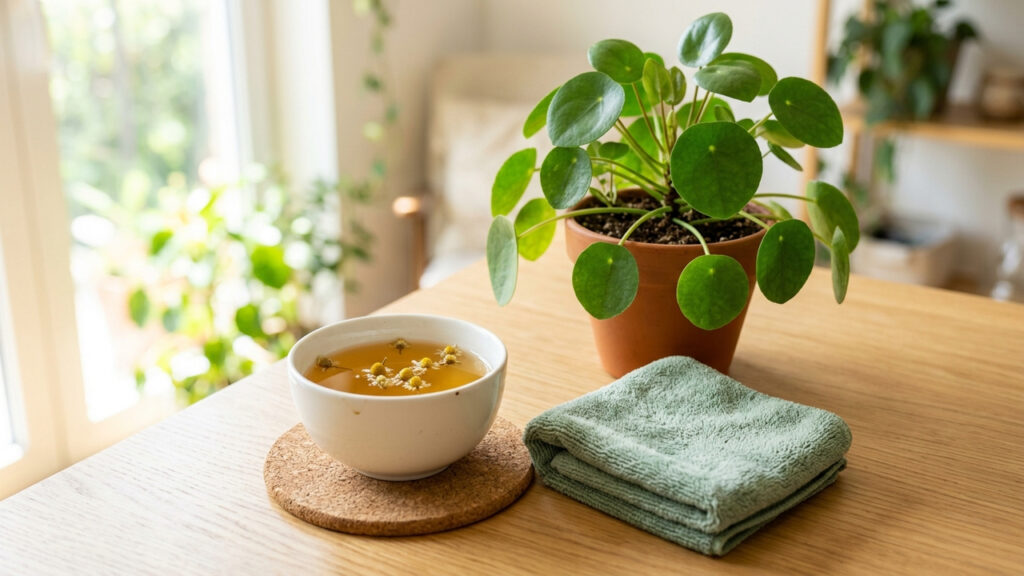 Misturar chá de camomila frio com gotas de vinagre branco: para que serve a solução suave para limpar folhas de plantas e devolver o brilho natural