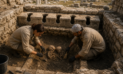 Arqueólogos encontram túmulo de 2 bebês em antiga latrina romana e detalhe da sepultura muda interpretação do achado