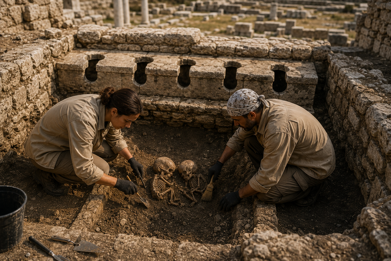 Arqueólogos encontram túmulo de 2 bebês em antiga latrina romana e detalhe da sepultura muda interpretação do achado