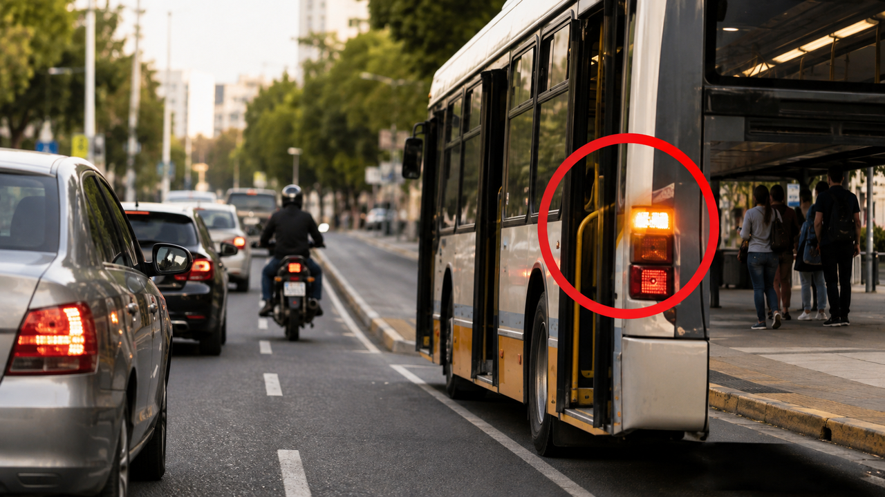 Ônibus liga a seta para sair do ponto: quem está na faixa ao lado precisa dar passagem
