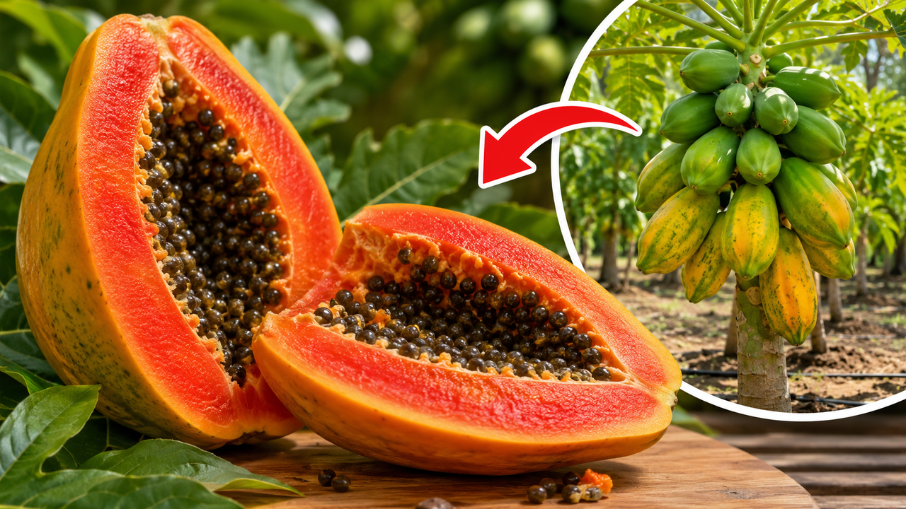 Adeus mamão tradicional: essa fruta de cor vermelha e casca lisa possui uma polpa suculenta com gosto doce de morango e baunilha