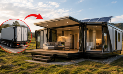 Casa modular de 50 m² chega fechada no tamanho de uma carga de caminhão, descarrega a si própria e se transforma em poucos minutos até virar uma residência completa com cozinha, banheiro, móveis, energia e armazenamento