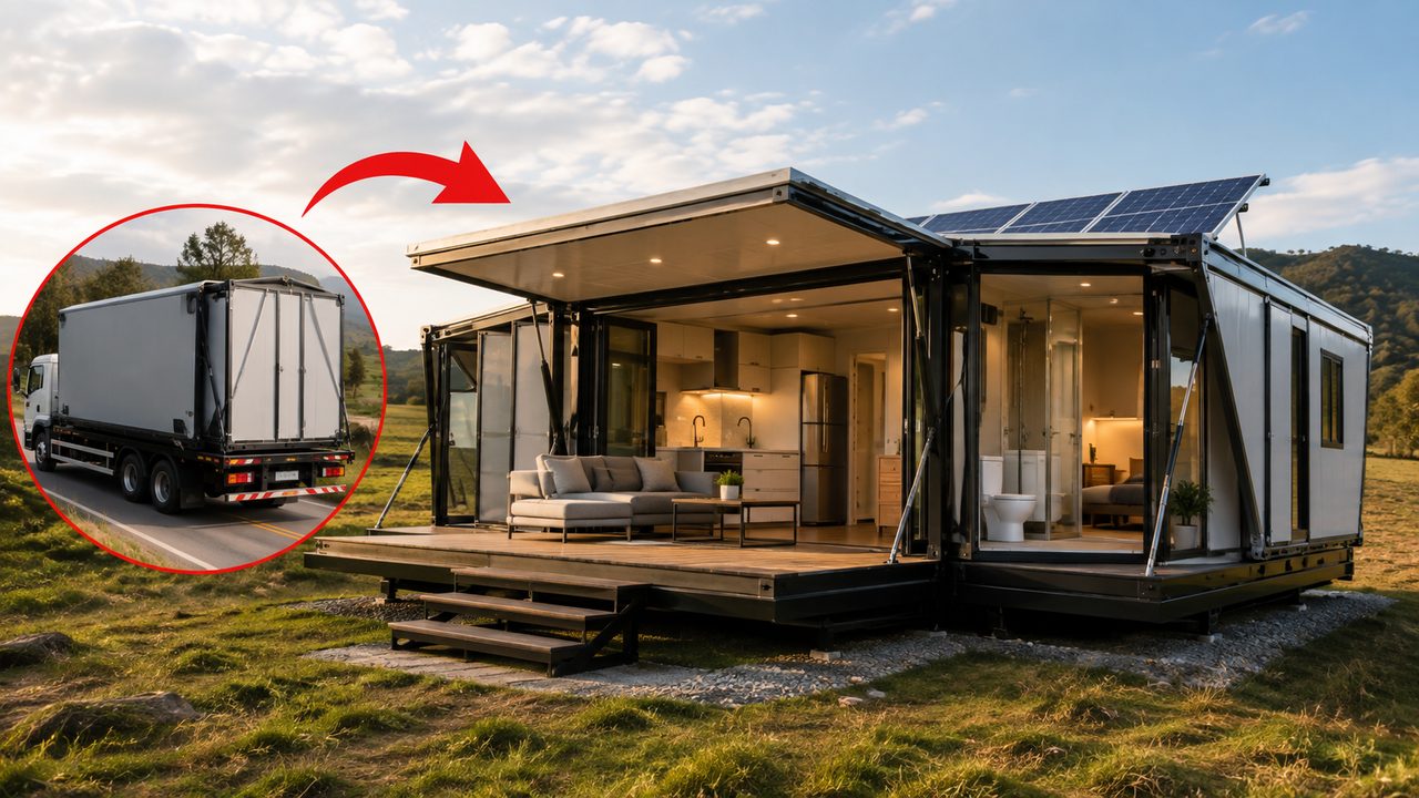 Casa modular de 50 m² chega fechada no tamanho de uma carga de caminhão, descarrega a si própria e se transforma em poucos minutos até virar uma residência completa com cozinha, banheiro, móveis, energia e armazenamento