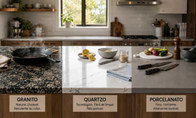 O que escolher para a cozinha: granito, quartzo ou porcelanato? A escolha certa depende do calor, da resistência e da facilidade de limpeza