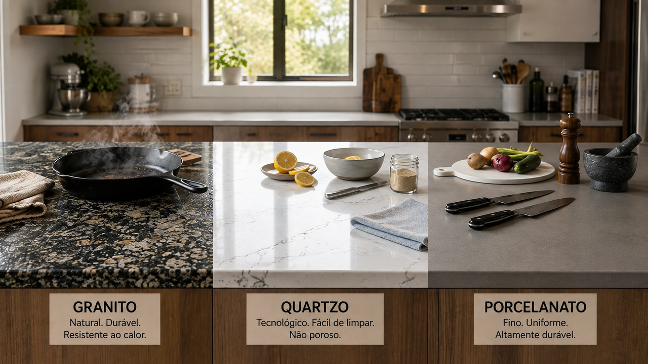 O que escolher para a cozinha: granito, quartzo ou porcelanato? A escolha certa depende do calor, da resistência e da facilidade de limpeza