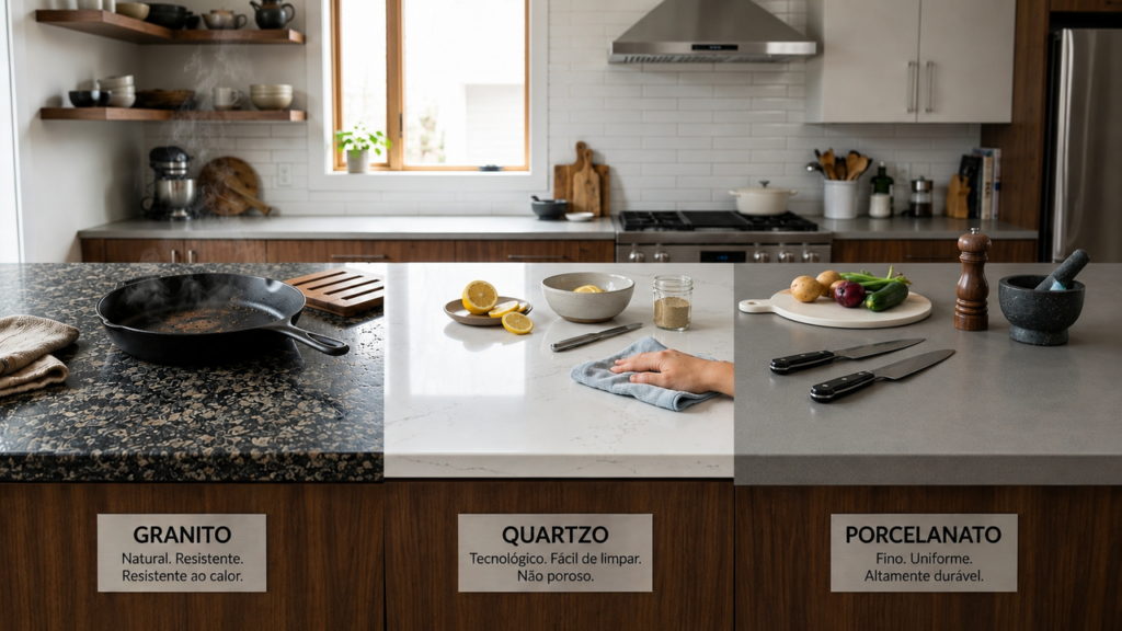 O que escolher para a cozinha: granito, quartzo ou porcelanato? A escolha certa depende do calor, da resistência e da facilidade de limpeza