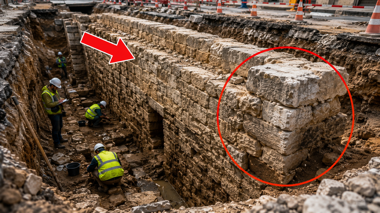 Trabalhadores da construção que cavavam para um novo edifício desenterraram uma muralha medieval de 18 metros enterrada sob a rua desde a década de 1320
