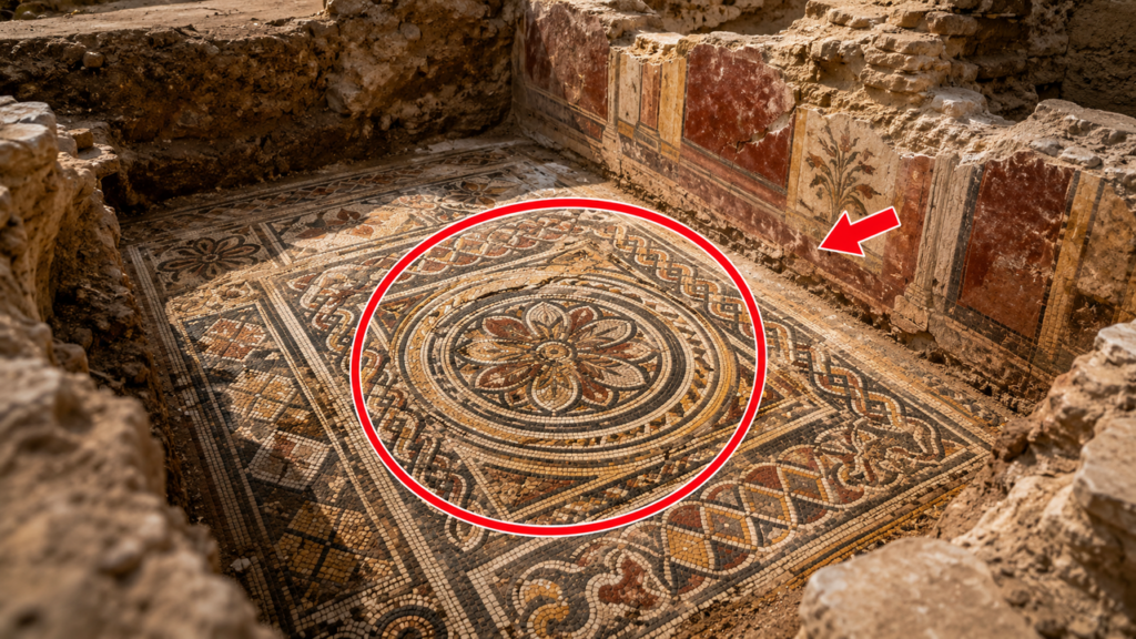 Equipes que trabalhavam nas fundações de um novo prédio desenterraram um mosaico romano de 1.800 anos enterrado sob a cidade desde a Antiguidade
