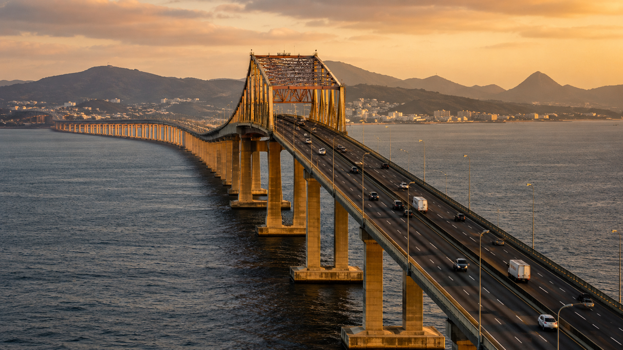 Construída no século XX para conectar diferentes regiões do país, a Ponte Rio-Niterói atravessa a Baía de Guanabara e utiliza uma extensa estrutura elevada para permitir a passagem de veículos e embarcações