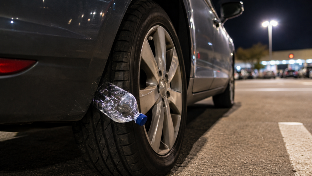 O que significa encontrar uma garrafa de plástico na roda do carro e por que é crucial saber como agir