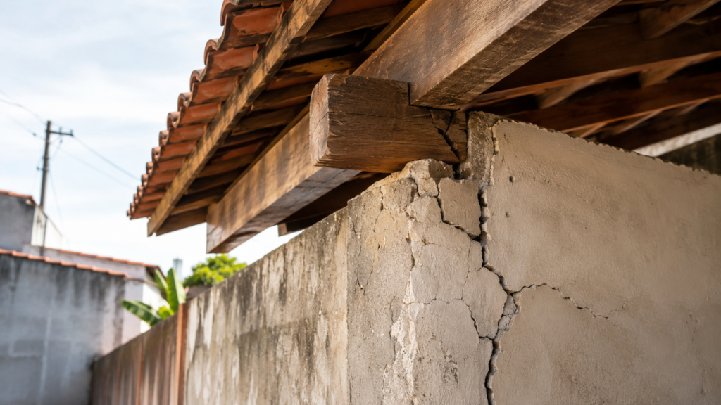 Morador usa o muro construído pelo vizinho para apoiar o telhado de um novo cômodo, a estrutura trinca e a cobertura precisa ser retirada