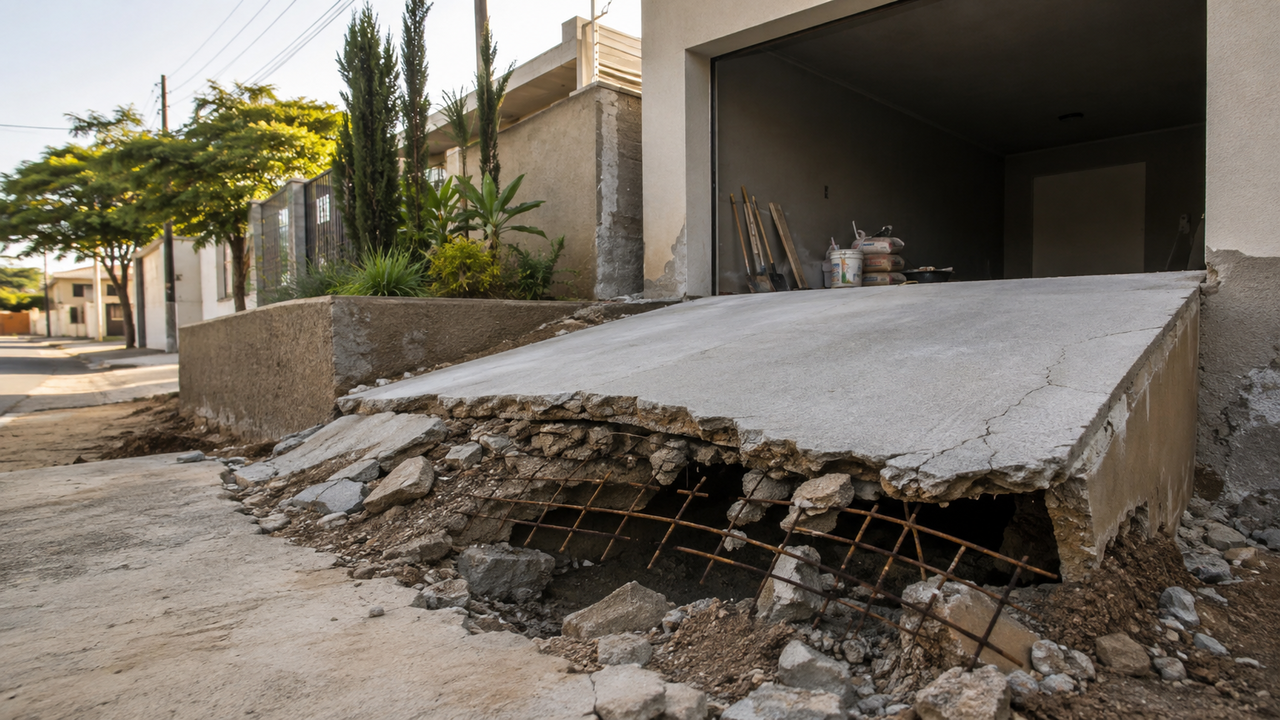 Morador usa a calçada construída pelo vizinho para ampliar a entrada da garagem, a estrutura cede e o acesso precisa ser reconstruído