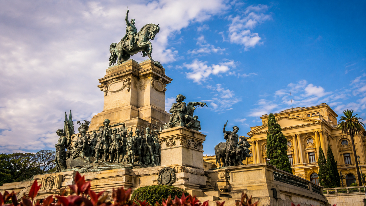 Construída no século XIX para homenagear a independência brasileira, a Estátua do Ipiranga utiliza uma composição monumental de esculturas e elementos arquitetônicos para representar acontecimentos históricos do país