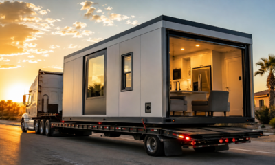 Casa dobrável de 35 m² viaja em um caminhão e ganha formato de residência em menos de duas horas
