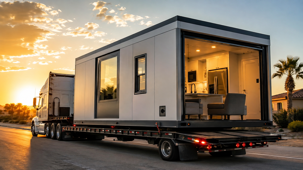 Casa dobrável de 35 m² viaja em um caminhão e ganha formato de residência em menos de duas horas
