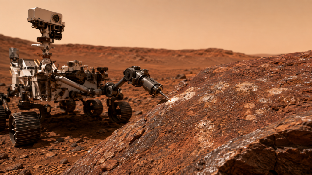 Uma rocha apelidada de Cheyava Falls apresenta compostos orgânicos e minerais formados em contato com água. A NASA avalia se os sinais podem indicar vida antiga