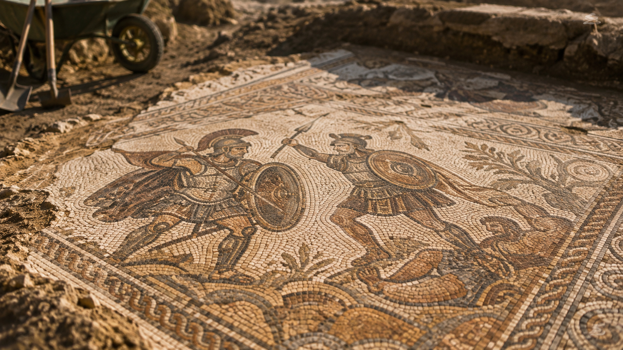 Mosaico grego de 800 quilos é encontrado preservado após permanecer escondido por mais de 1.800 anos sob uma antiga residência