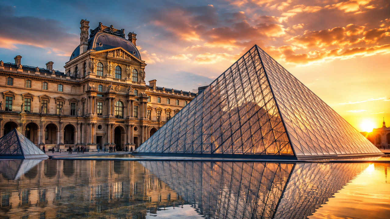 Construído no século XX para abrigar importantes exposições históricas, o Museu do Louvre utiliza elementos arquitetônicos e estruturas monumentais para representar a história da França