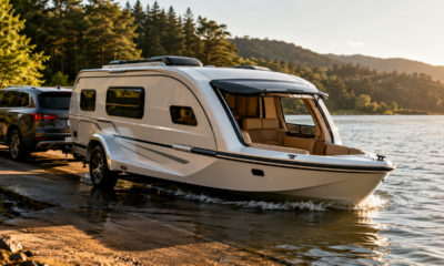 Uma caravana capaz de rodar em estradas e navegar em lagos chama atenção pelo conceito híbrido, interior modular e propulsão elétrica voltada ao turismo recreativo