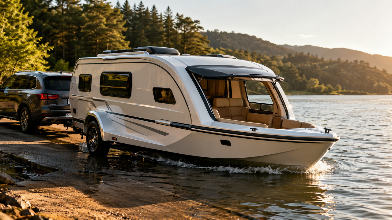 Uma caravana capaz de rodar em estradas e navegar em lagos chama atenção pelo conceito híbrido, interior modular e propulsão elétrica voltada ao turismo recreativo