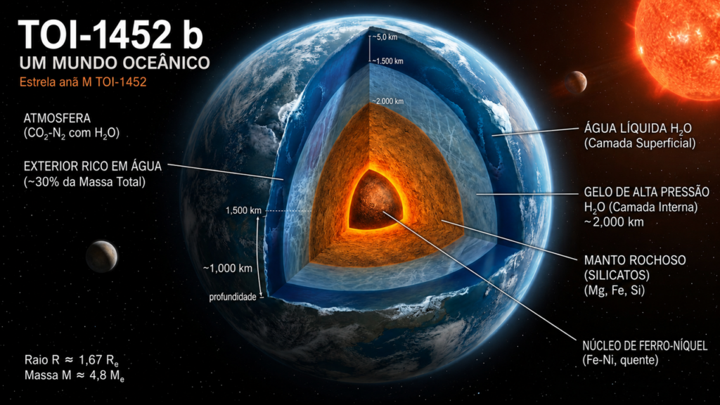 Um exoplaneta localizado a cerca de 100 anos-luz da Terra, TOI-1452 b, é considerado um mundo oceânico