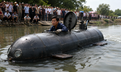 Um fazendeiro chinês de 60 anos tem sucesso ao criar um submarino caseiro que mergulha 8 metros no rio com menos de US$ 800
