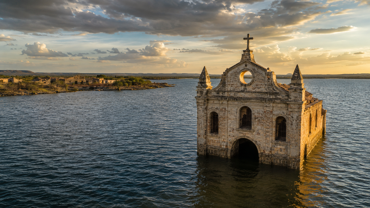 A igreja do Sagrado Coração de Jesus que desaparece no Brasil e reaparece debaixo d'água no interior de Pernambuco