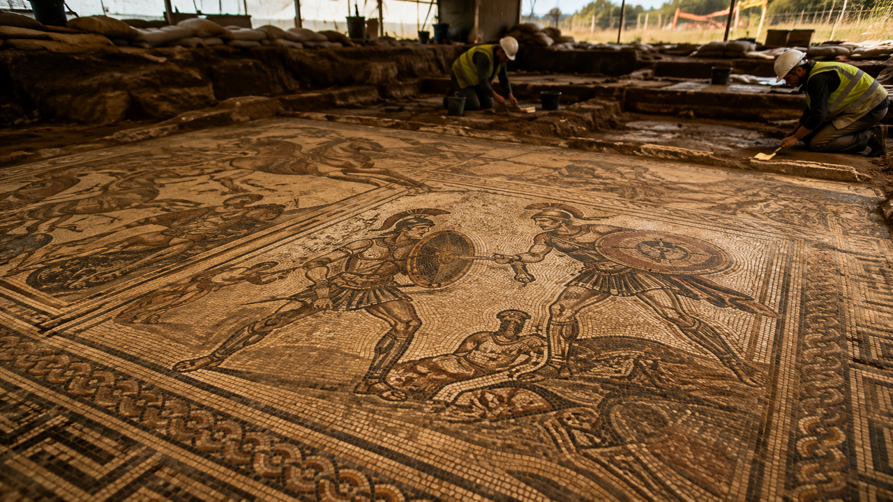 Mosaico romano de 600 quilos é encontrado preservado após permanecer escondido por mais de 1.500 anos sob uma antiga vila