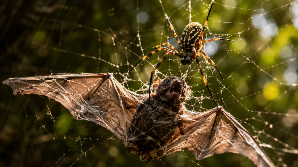 Aranhas desenvolveram uma forma eficiente de capturar insetos muito maiores que suas presas habituais; teias resistentes, vibrações e movimentos rápidos ajudam no ataque