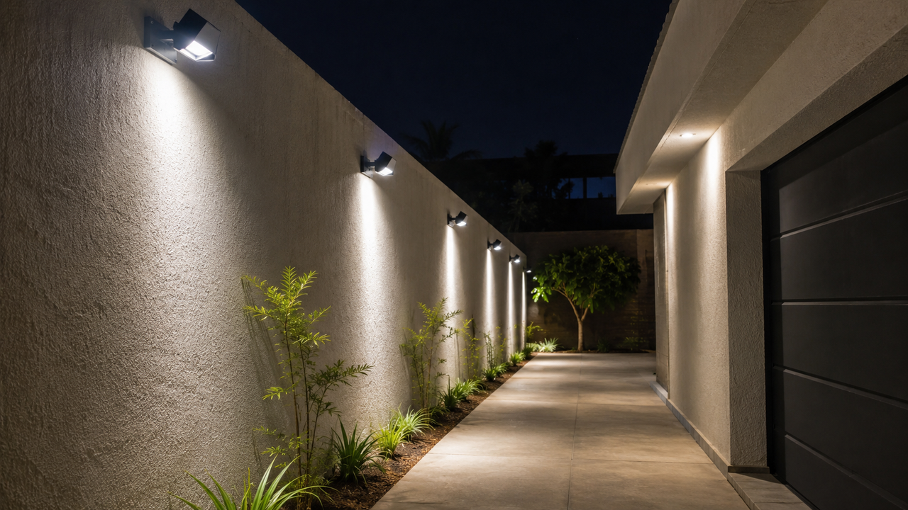 Morador instala refletor no corredor externo e percebe como a posição da luz muda a área iluminada durante a noite