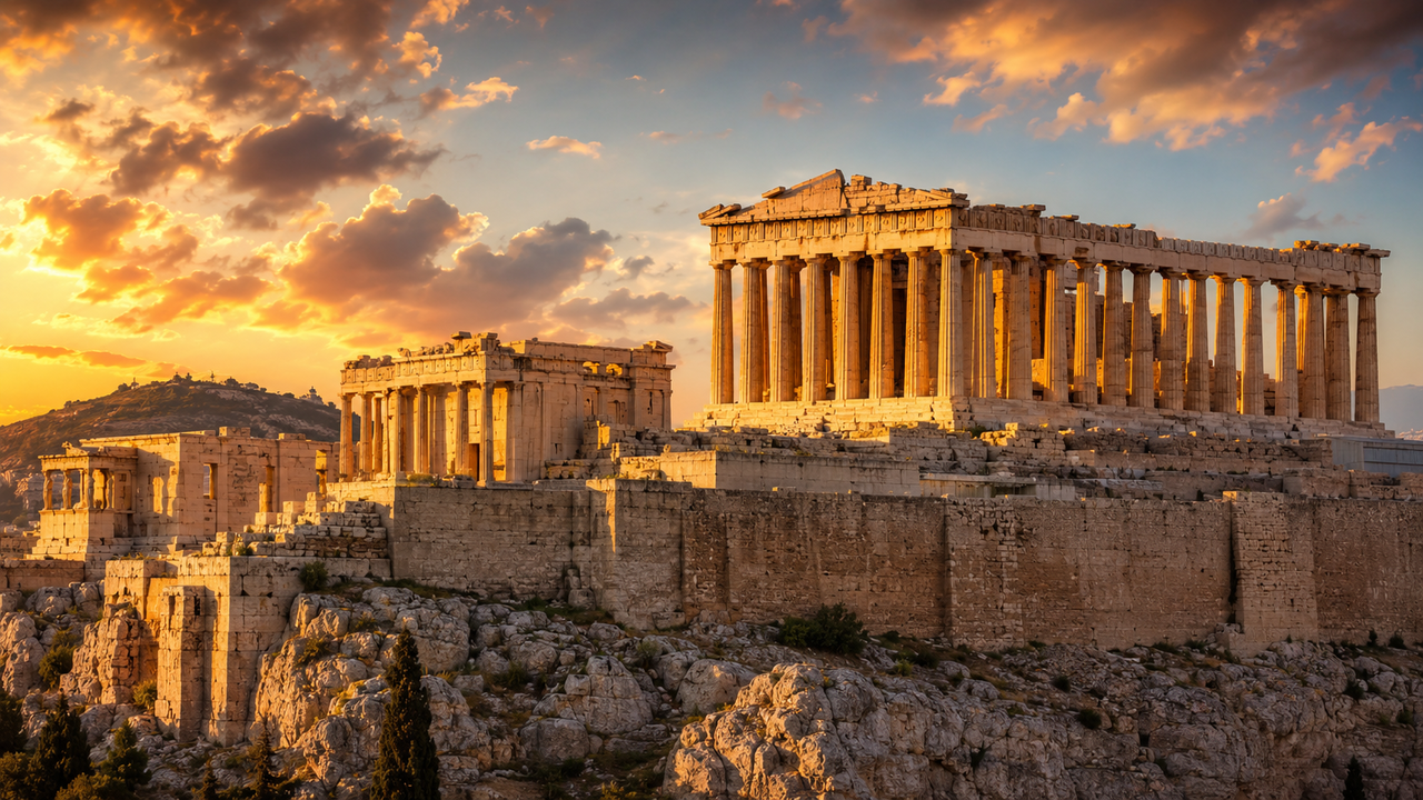 A Acrópole de Atenas desenvolvida principalmente no século V a.C. para abrigar importantes templos e que ainda reúne alguns dos maiores símbolos da Grécia Antiga