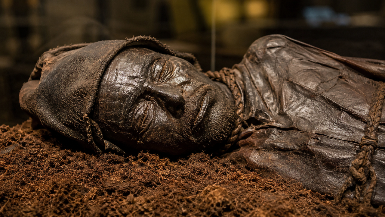 O homem de Tollund encontrado em 1950 em um pântano da Dinamarca e que revelou roupas, corpo e características pessoais preservados por mais de 2 mil anos