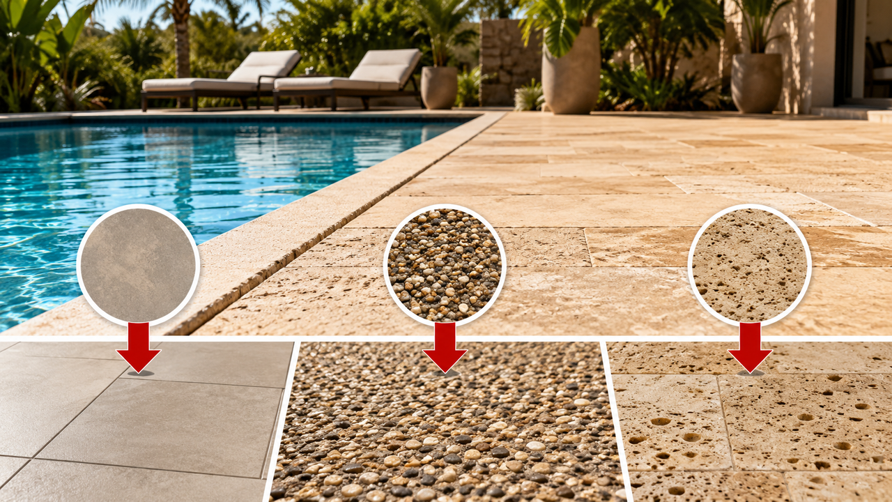 O que escolher para a área da piscina: pedra atérmica, porcelanato ou fulget? A escolha certa depende do calor, da segurança e da facilidade de limpeza