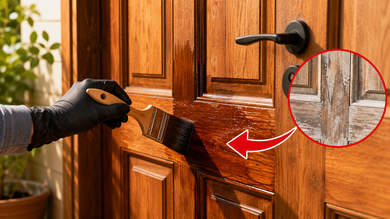 Profissional de pintura ensina como restaurar portas de madeira usando verniz stain para reduzir o desgaste sem remover o acabamento
