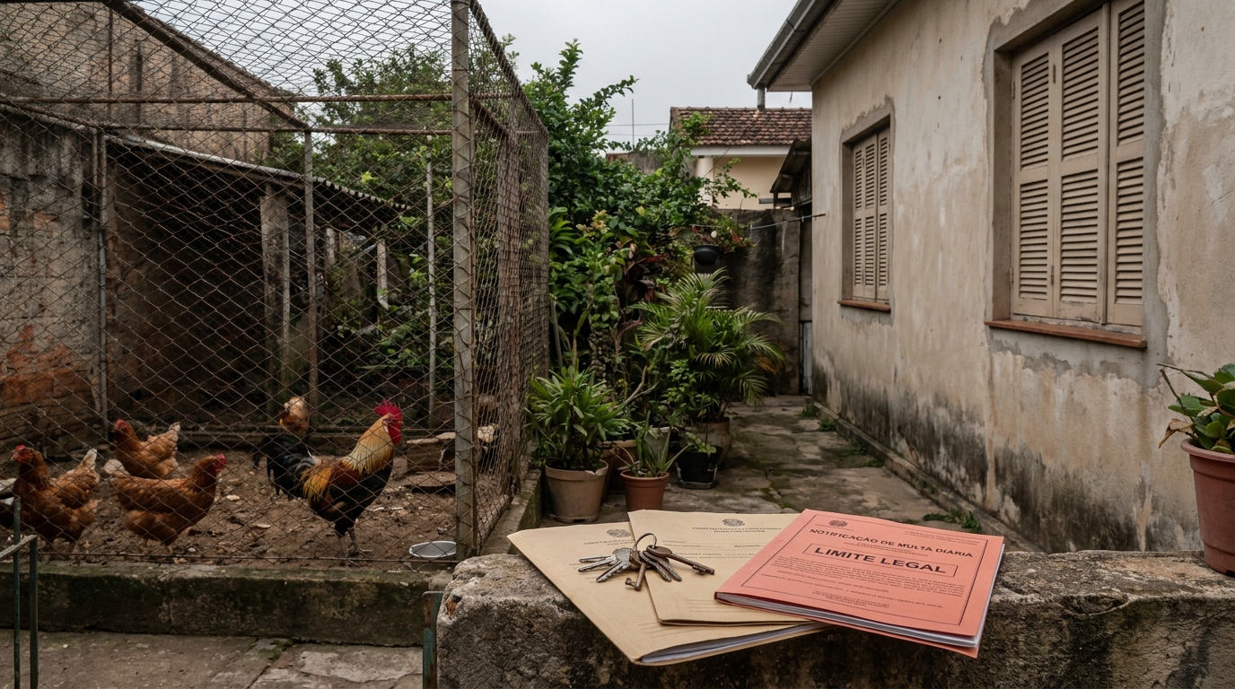 Família cria 14 galinhas no quintal de uma casa geminada, o cheiro e o barulho do galo às 4h tiram o sono da vizinhança por 2 anos, e o juiz determina a retirada dos animais com multa diária de R$ 500 em caso de descumprimento