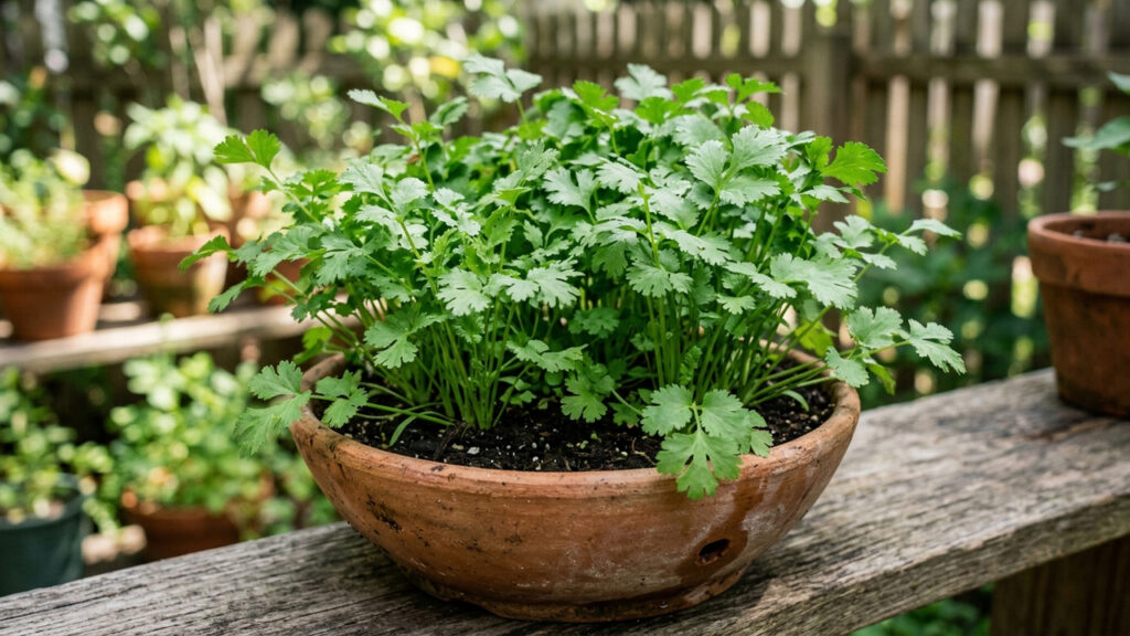 O passo a passo simples para plantar coentro em vasos sem que as folhas pendoem rápido demais com o calor do verão