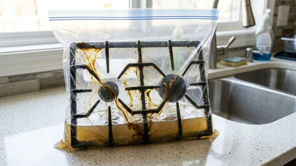 Fechar grades do fogão com água e amoníaco em saco plástico: o truque poderoso que derrete a gordura incrustada de um dia para o outro