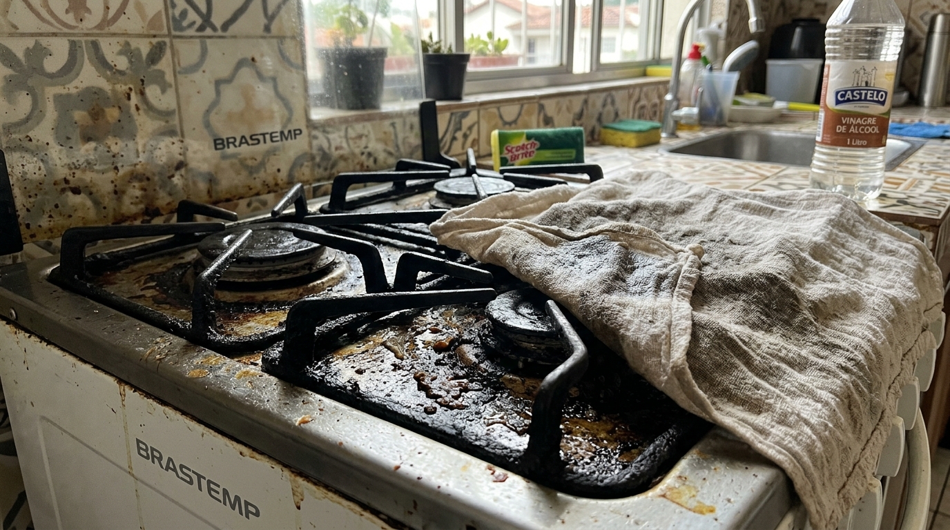 Colocar um pano úmido com vinagre sobre a grade engordurada do fogão durante a noite: para que serve e por que profissionais de limpeza recomendam fazer antes de esfregar 