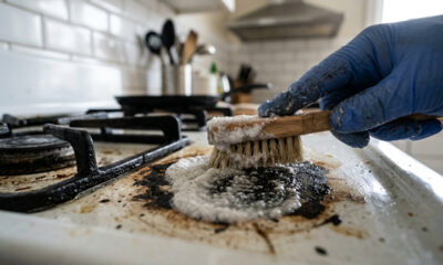 Misturar pedra-pomes em pó com sabão líquido concentrado: a pasta abrasiva suave que remove gordura queimada de fogões esmaltados