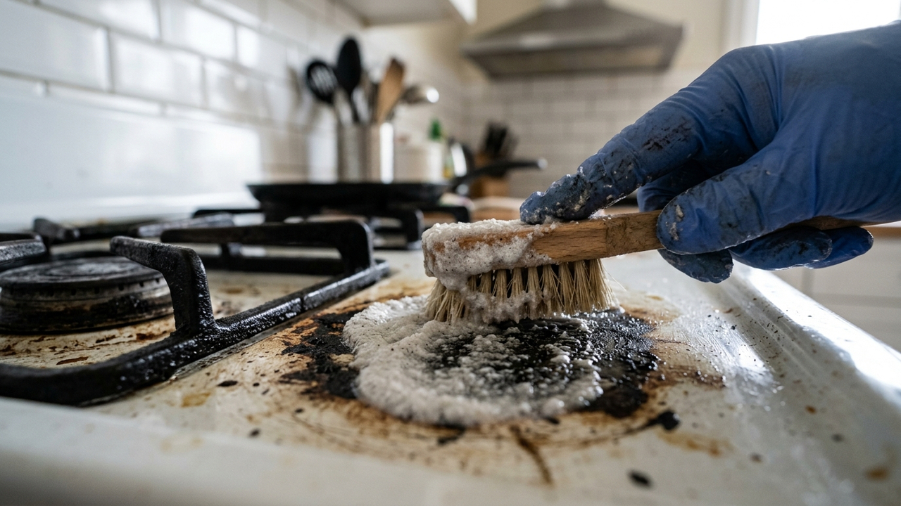 Misturar pedra-pomes em pó com sabão líquido concentrado: a pasta abrasiva suave que remove gordura queimada de fogões esmaltados sem arranhar