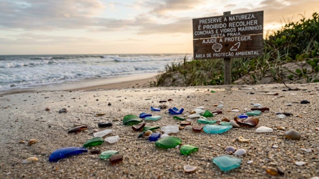 Turista começa a recolher pedaços de vidro espalhados na praia para ajudar na limpeza, mas descobre que a boa intenção poderia terminar em multa de aproximadamente R$ 5.140
