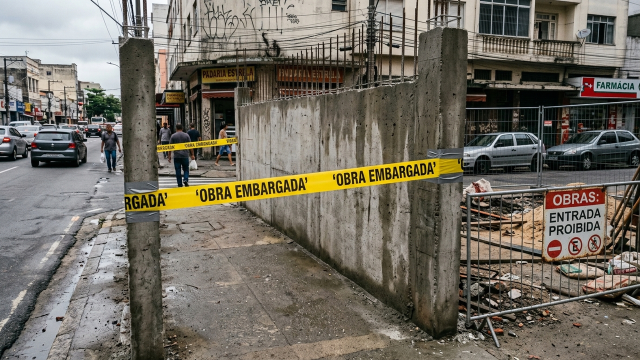 Vizinho tenta construir garagem na calçada bloqueando a passagem de pedestres, prefeitura embarga e a obra irregular de R$ 10 mil vira entulho