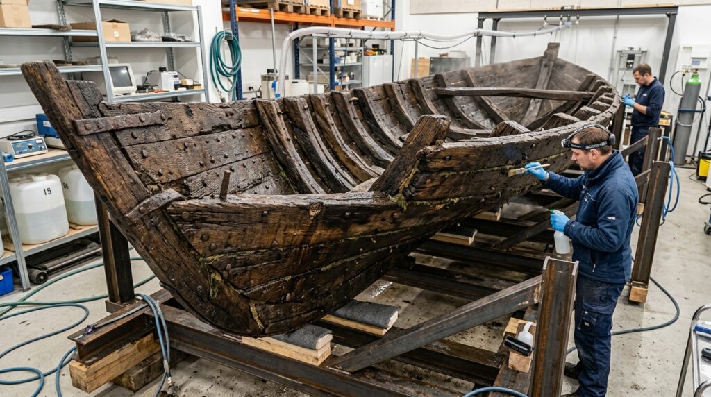 Trabalhadores da construção que cavavam para um novo edifício desenterraram um navio medieval de 24,5 metros enterrado sob a rua desde a década de 1360