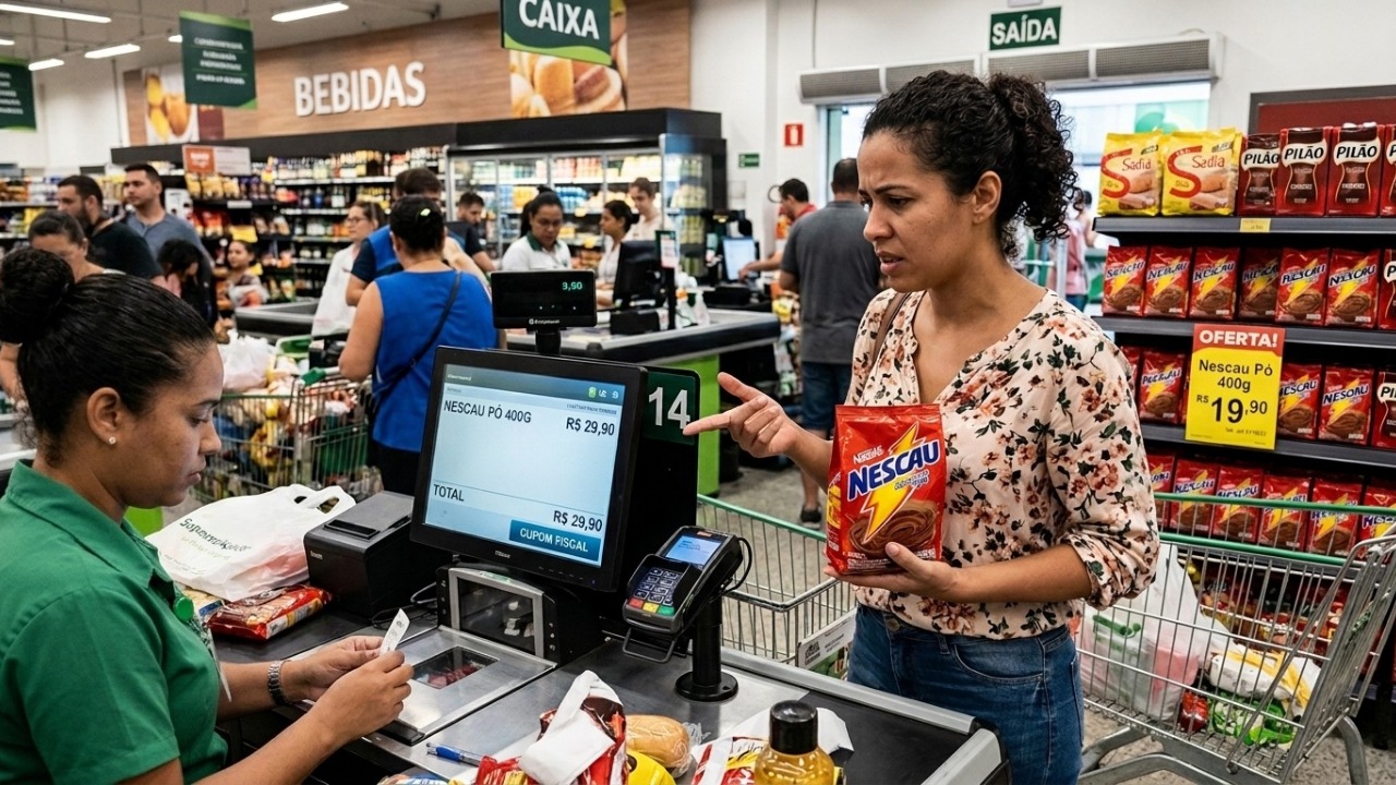 Consumidor escolhe produto anunciado por R$ 19,90 na prateleira, mas encontra cobrança de R$ 29,90 no caixa e descobre que não precisa aceitar o preço maior