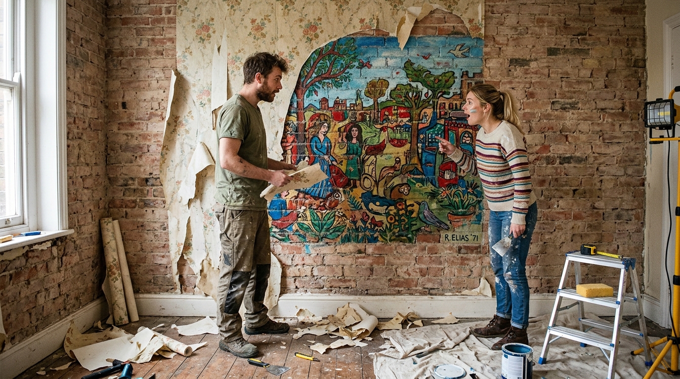 Casal retira papel de parede de casa alugada e revela mural pintado à mão que estava escondido há mais de 50 anos