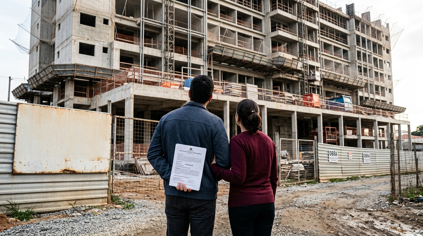 Casal compra apartamento na planta por R$ 420 mil com entrega prometida em 24 meses, a obra atrasa quase 2 anos, e eles descobrem que a lei só tolera 180 dias de tolerância