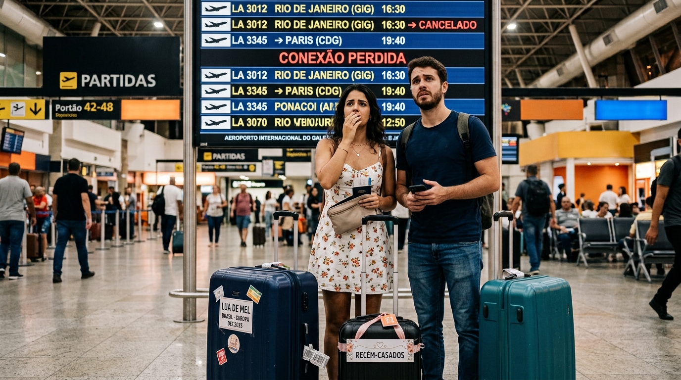 Casal compra passagem aérea de R$ 4.800 para lua de mel e companhia muda o horário do voo sem aviso a conexão é perdida e a Justiça condena a empresa a pagar hotel alimentação e dano moral