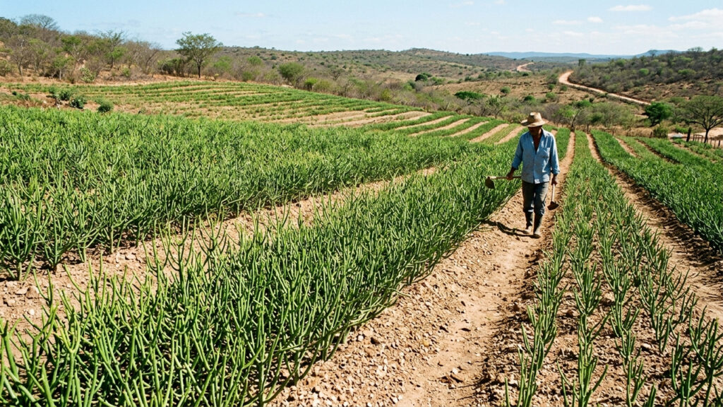 Esse cacto exótico não possui espinhos e parece um tufo de lápis verdes amarrados: de cultivo rústico, ele cresce muito rápido e ama o abandono