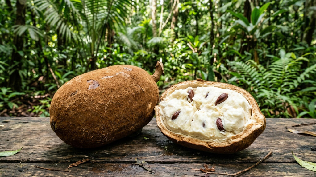Conhecido como o cacau da floresta: a fruta de casca dura marrom esconde uma polpa branca azedinha que faz o melhor suco tropical do país